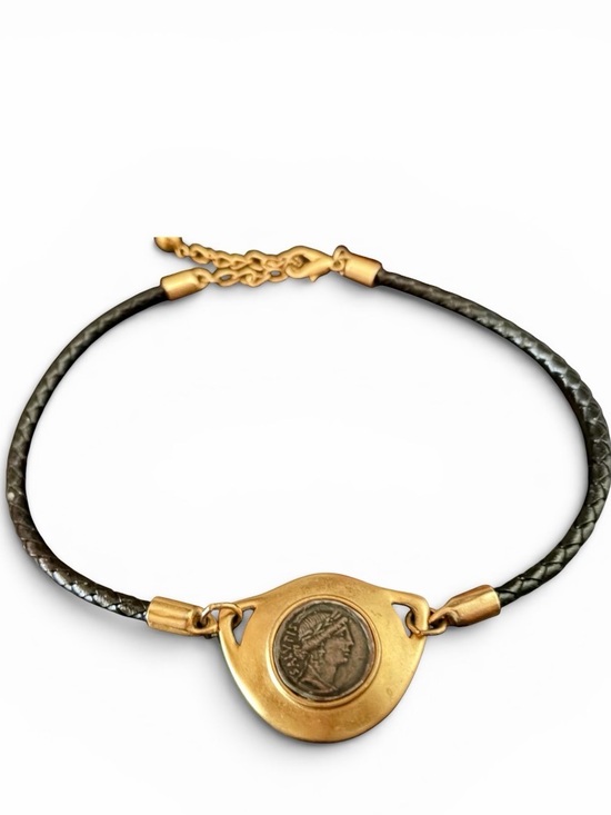 Vintage Jewelry - Vintage Gold-Tone  Ancient Coin Medallion Leather Cord Necklace - Black